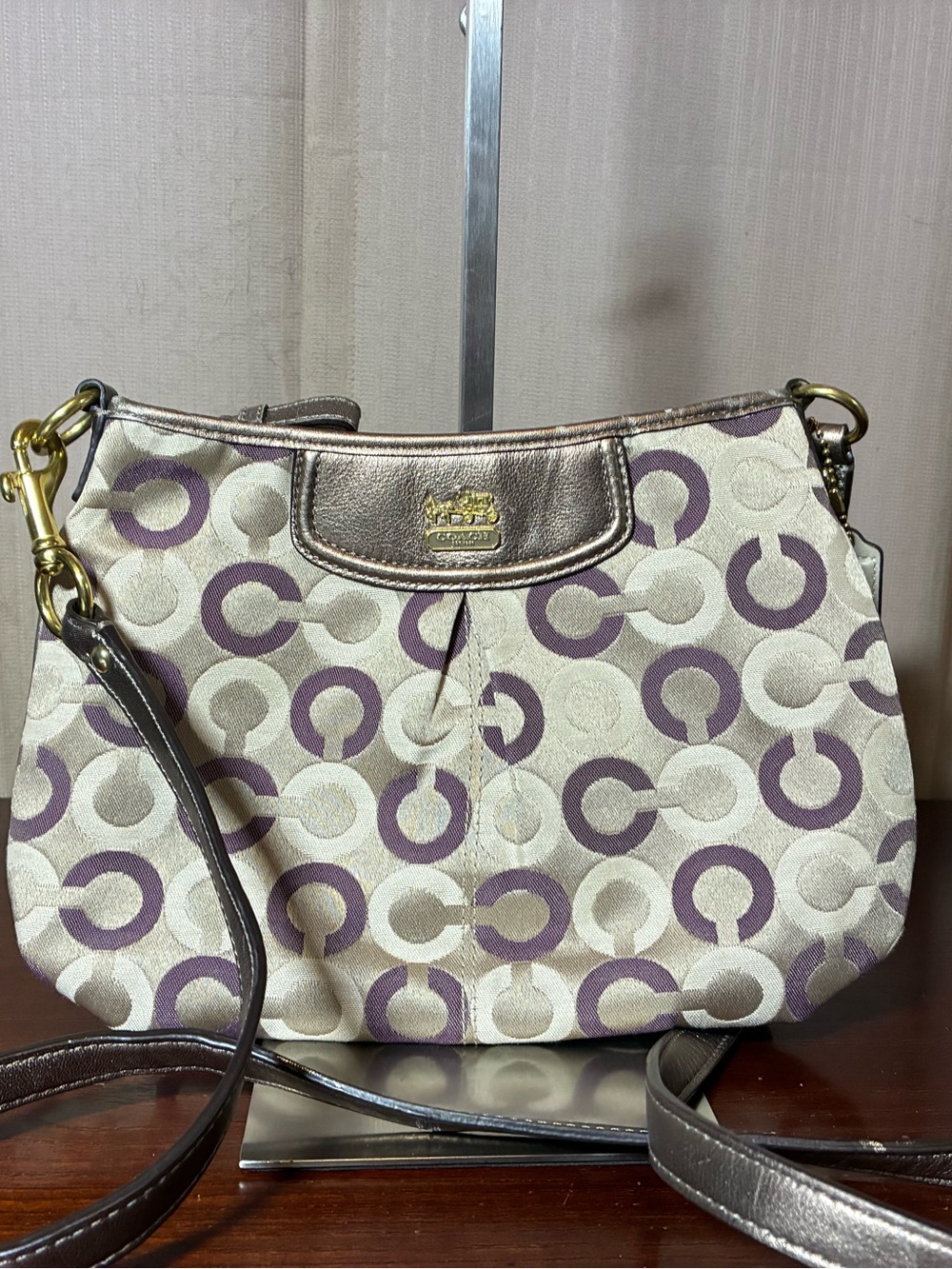 Coach Circle Jacquard Crossbody - Metallic Taupe & Purple